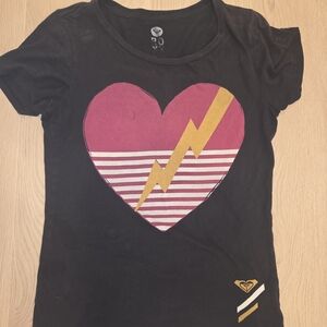 Roxy Black Tee with Pink Heart and Yellow Lightning